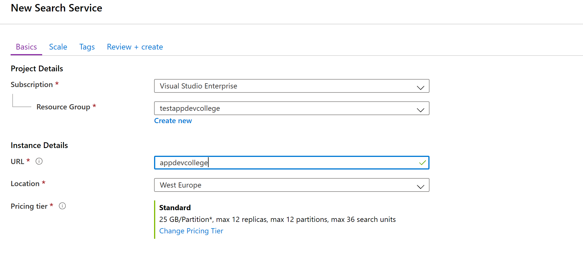 Create Azure Search Details
