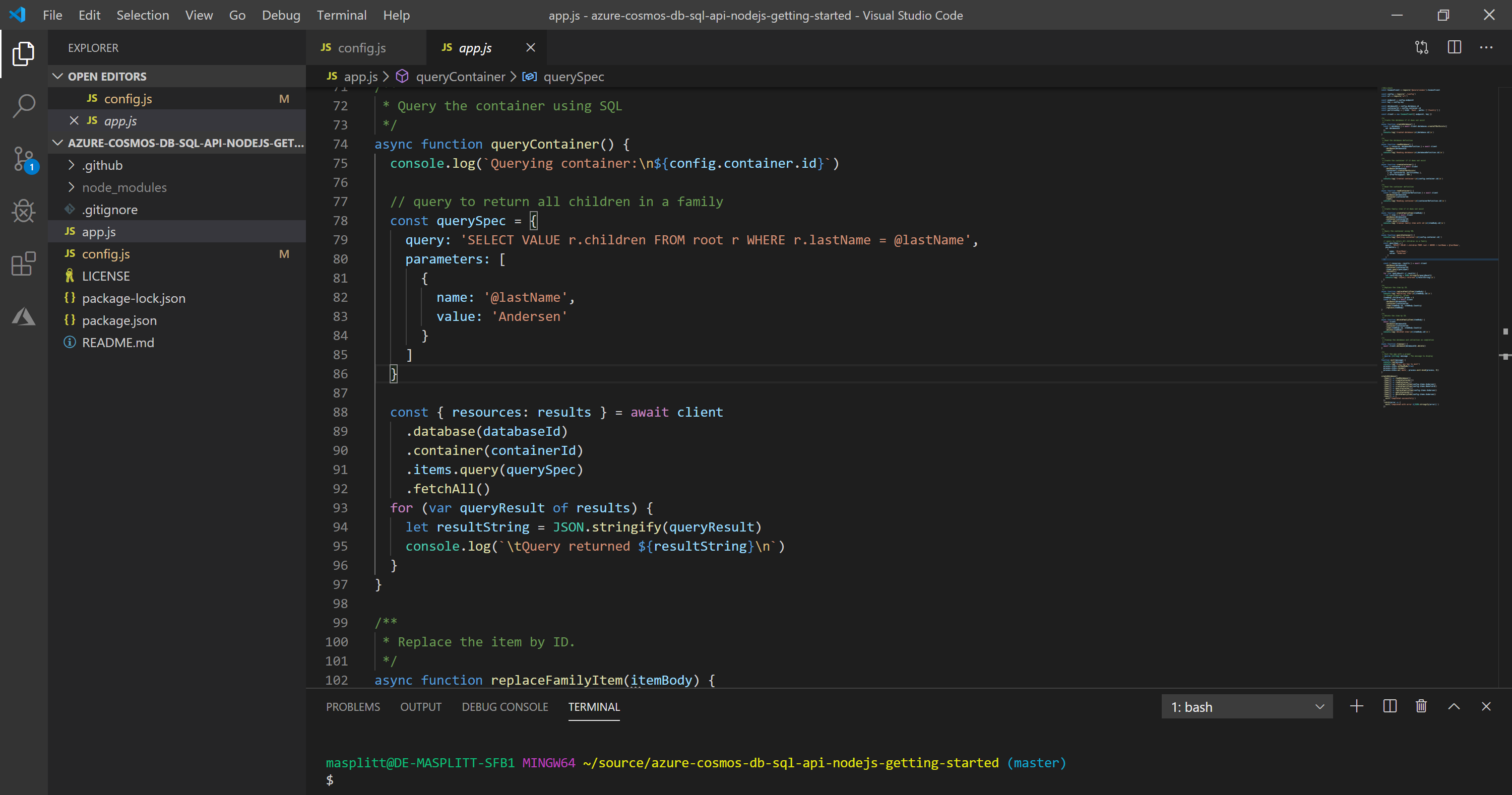Cosmos DB integrated in an App (Visual Studio Code View)