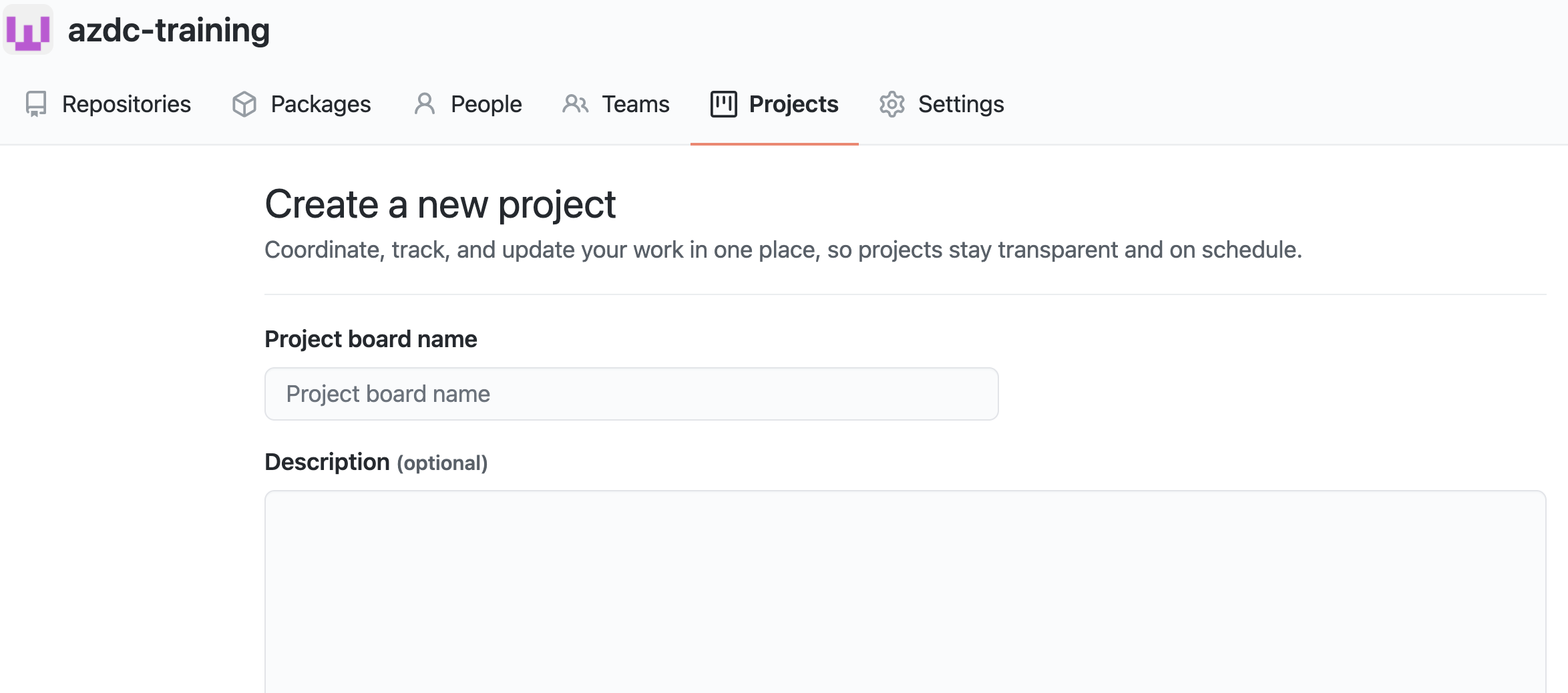 GitHub create project - step 1