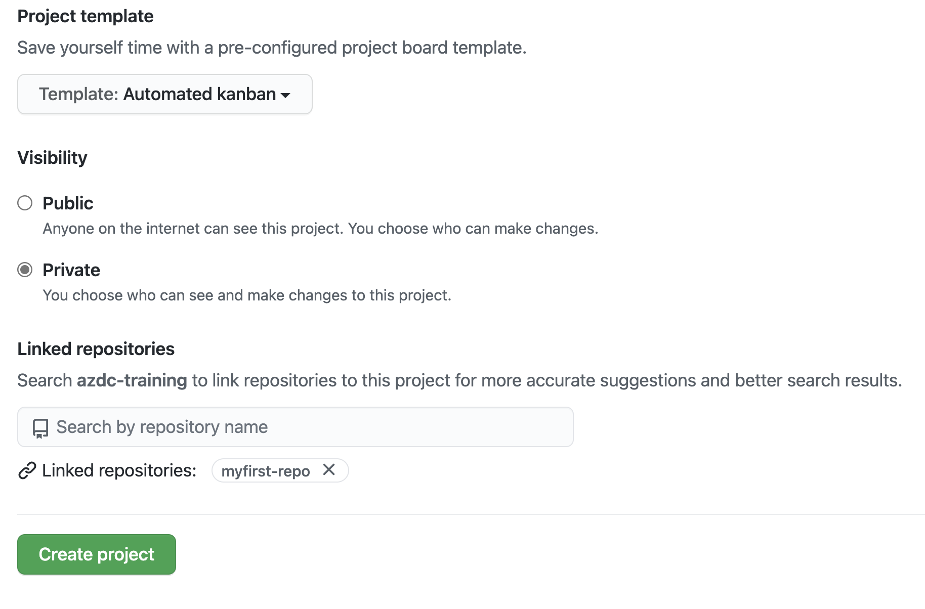 GitHub create project - step 2